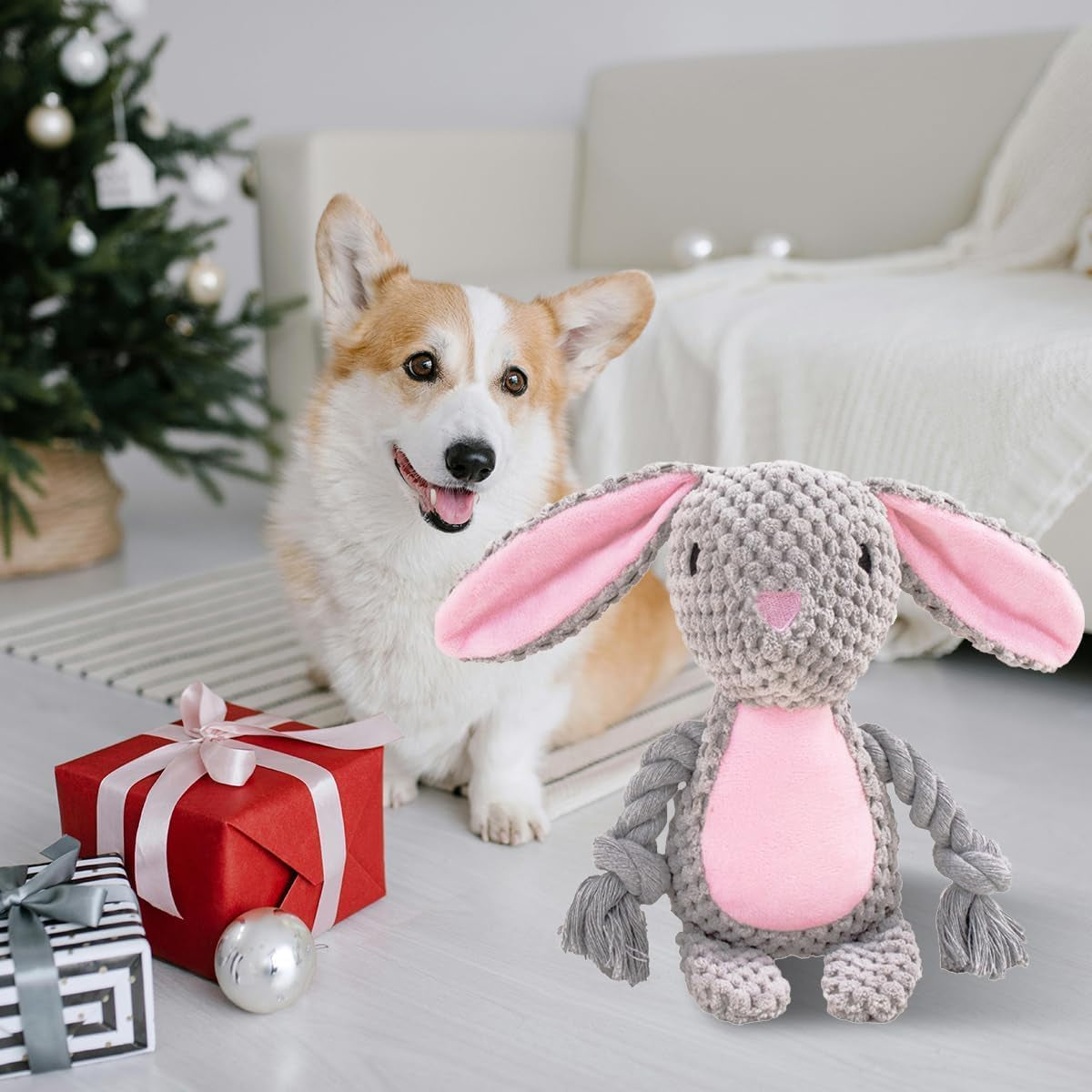 Easter Bunny Squeaky Plush Dog Toy – Soft Chew Toy with Rope Legs for Small, Medium & Large Dogs