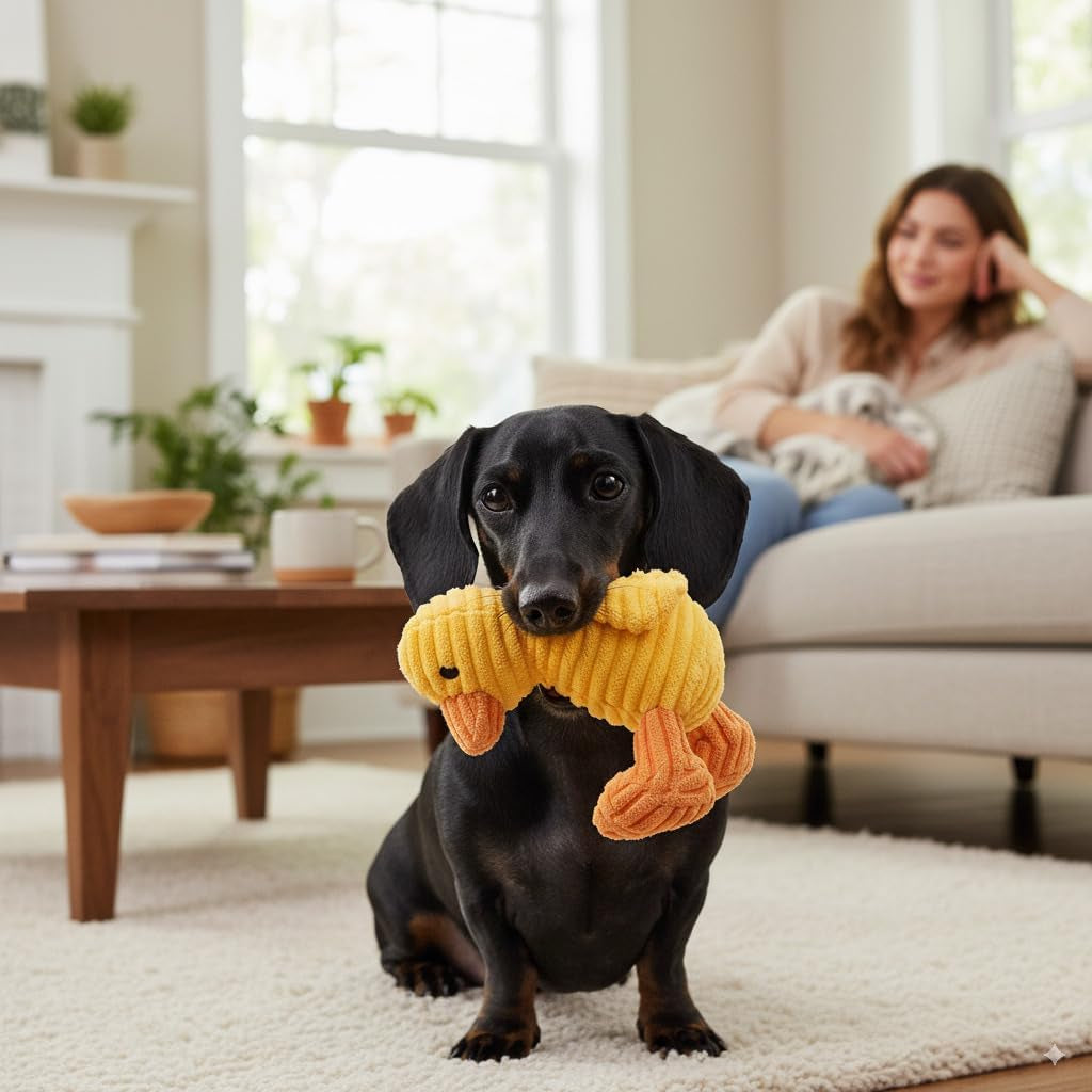 Yellow Duck Corduroy Squeaky Dog Toy – Soft Ribbed Plush Chew Toy for Small & Medium Dogs