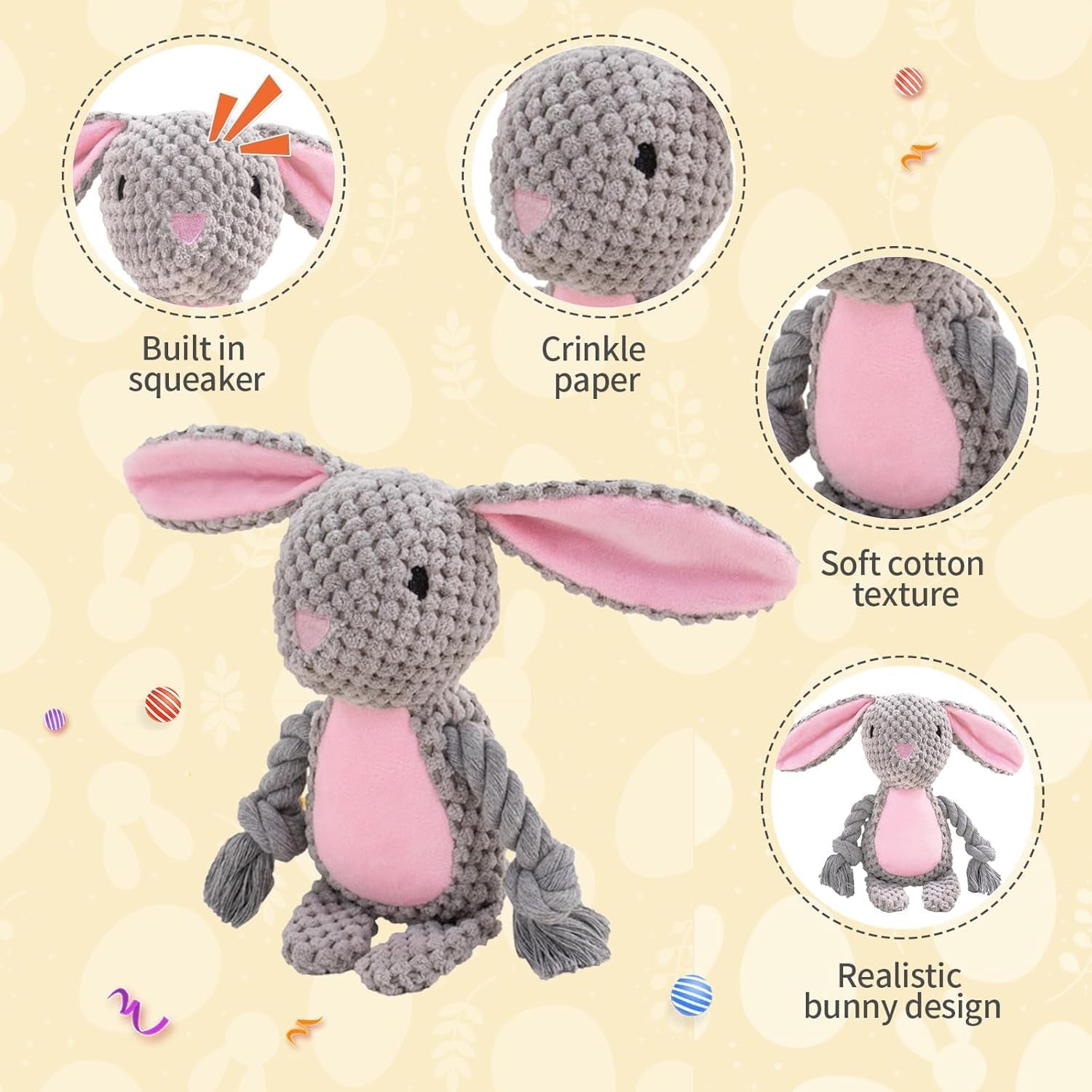 Easter Bunny Squeaky Plush Dog Toy – Soft Chew Toy with Rope Legs for Small, Medium & Large Dogs