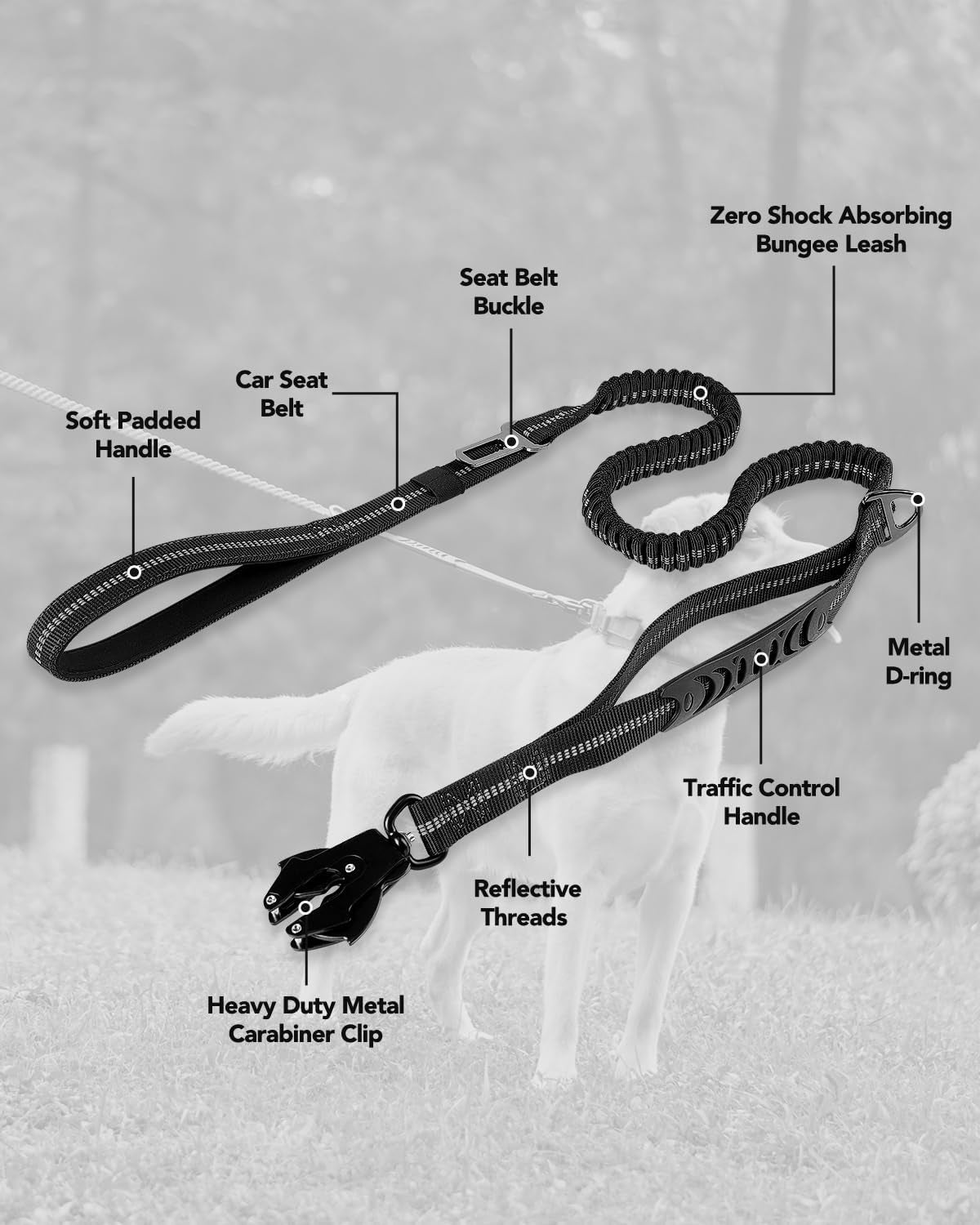Tactical Dog Lead – Heavy Duty Bungee Shock Absorbing Leash with Double Handle & Car Seatbelt for Medium, Large & XL Dogs