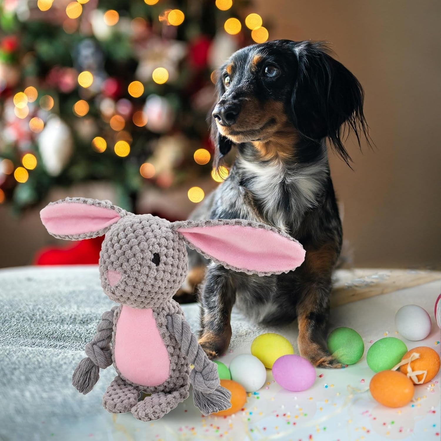 Easter Bunny Squeaky Plush Dog Toy – Soft Chew Toy with Rope Legs for Small, Medium & Large Dogs