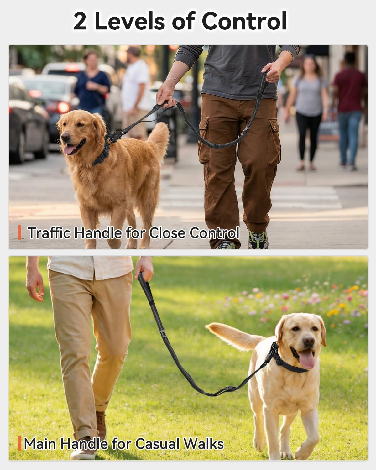 Tactical Dog Lead – Heavy Duty Bungee Shock Absorbing Leash with Double Handle & Car Seatbelt for Medium, Large & XL Dogs