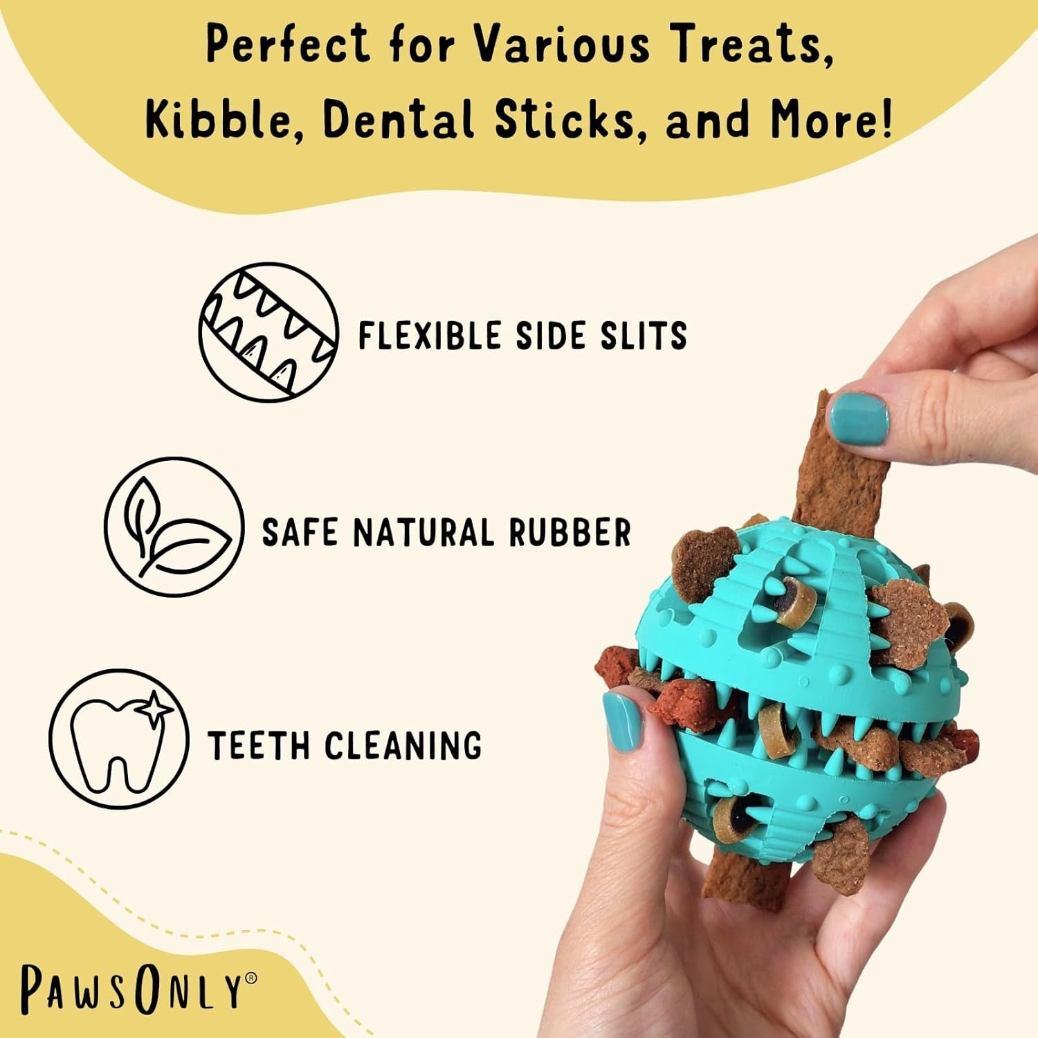 PawsOnly Treat Dispensing Ball – Interactive Rubber Puzzle Feeder for Mental Stimulation & Dog Enrichment (Small, Blue)