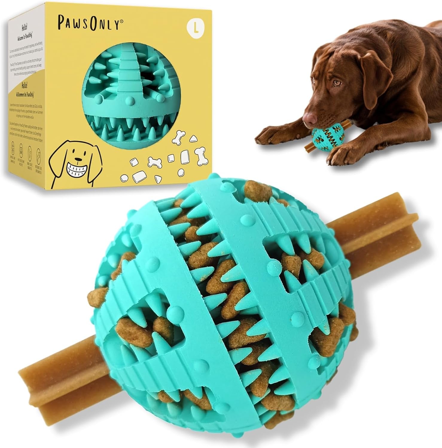 PawsOnly Treat Dispensing Ball – Interactive Rubber Puzzle Feeder for Mental Stimulation & Dog Enrichment (Small, Blue)