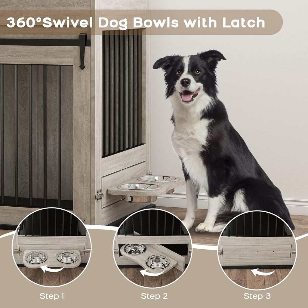Furniture Style Wooden Dog Crate with Sliding Doors, Drawer & 360° Rotatable Bowls – Indoor Dog Kennel Side Table for Medium & Large Dogs