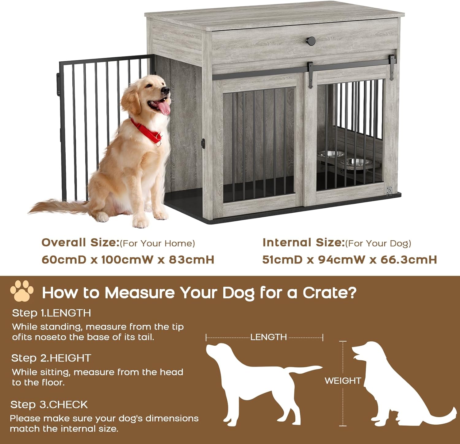 Furniture Style Wooden Dog Crate with Sliding Doors, Drawer & 360° Rotatable Bowls – Indoor Dog Kennel Side Table for Medium & Large Dogs