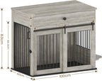Furniture Style Wooden Dog Crate with Sliding Doors, Drawer & 360° Rotatable Bowls – Indoor Dog Kennel Side Table for Medium & Large Dogs