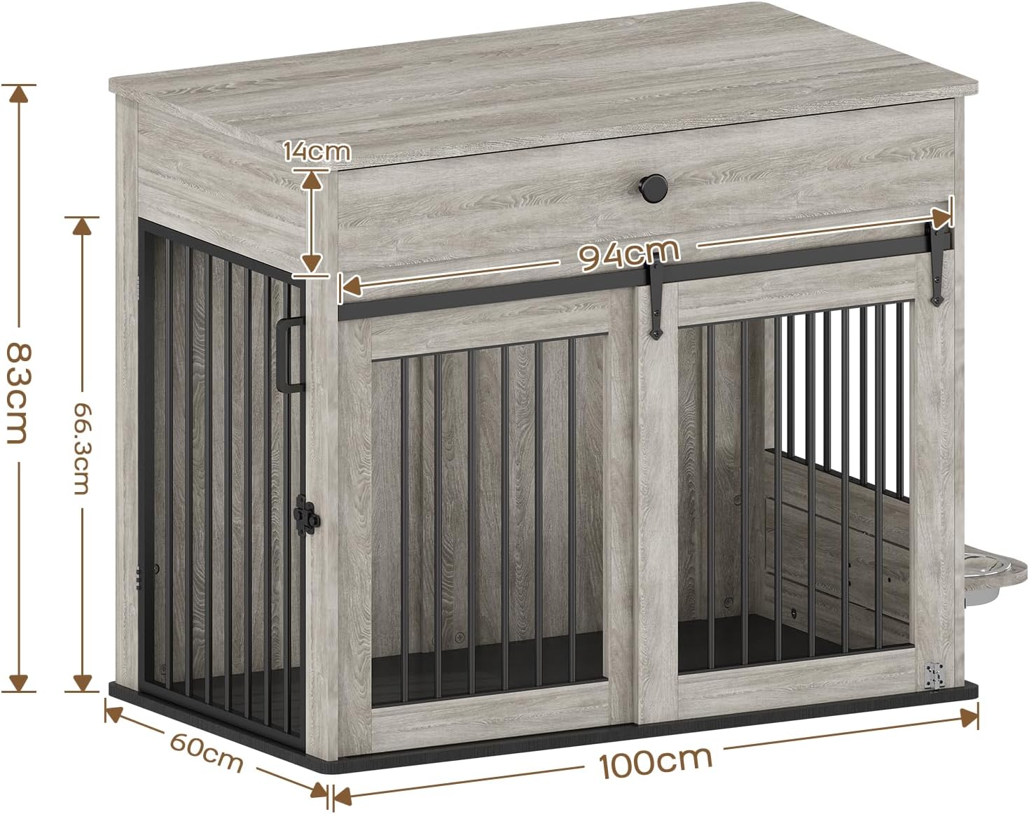 Furniture Style Wooden Dog Crate with Sliding Doors, Drawer & 360° Rotatable Bowls – Indoor Dog Kennel Side Table for Medium & Large Dogs