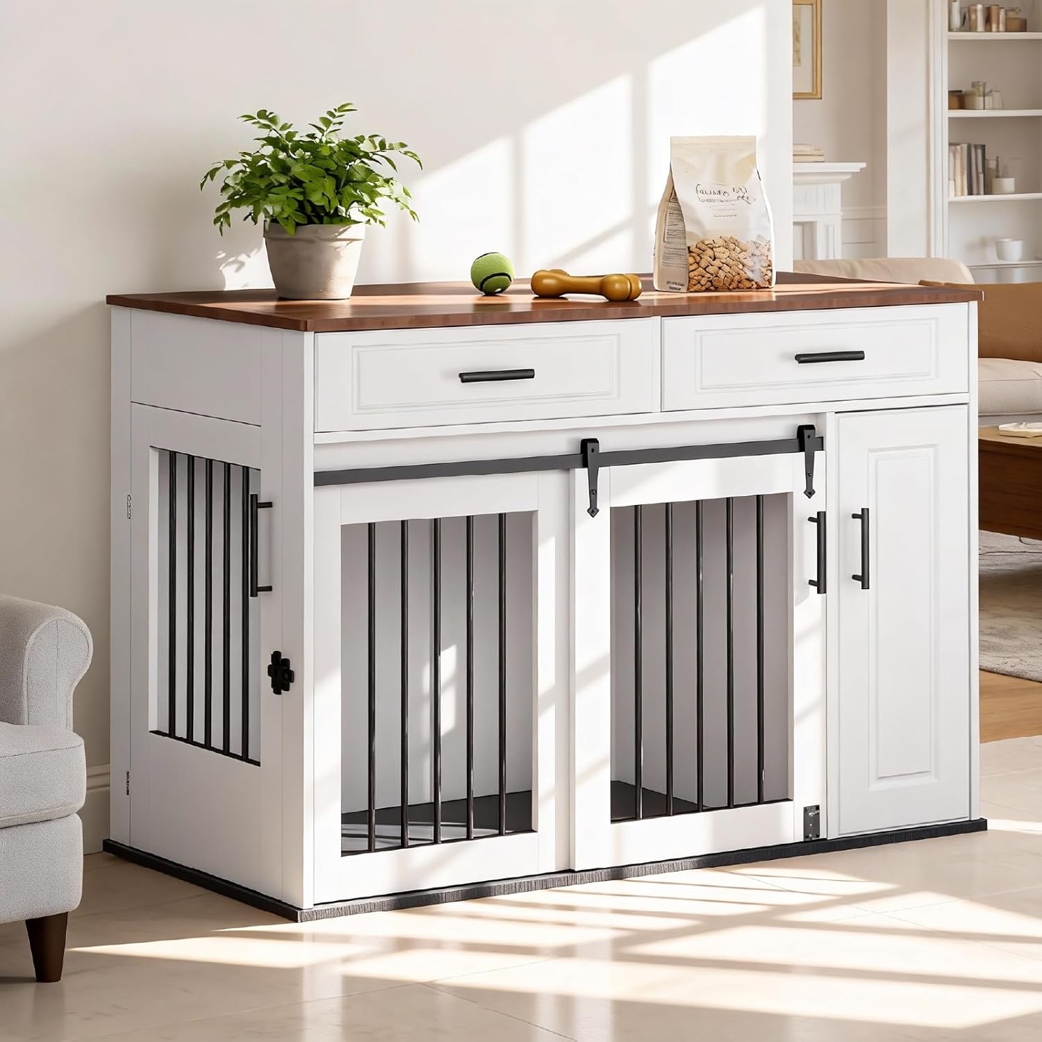 Furniture Style Wooden Dog Crate with Sliding Doors, Drawer & 360° Rotatable Bowls – Indoor Dog Kennel Side Table for Medium & Large Dogs
