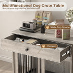 Furniture Style Wooden Dog Crate with Sliding Doors, Drawer & 360° Rotatable Bowls – Indoor Dog Kennel Side Table for Medium & Large Dogs