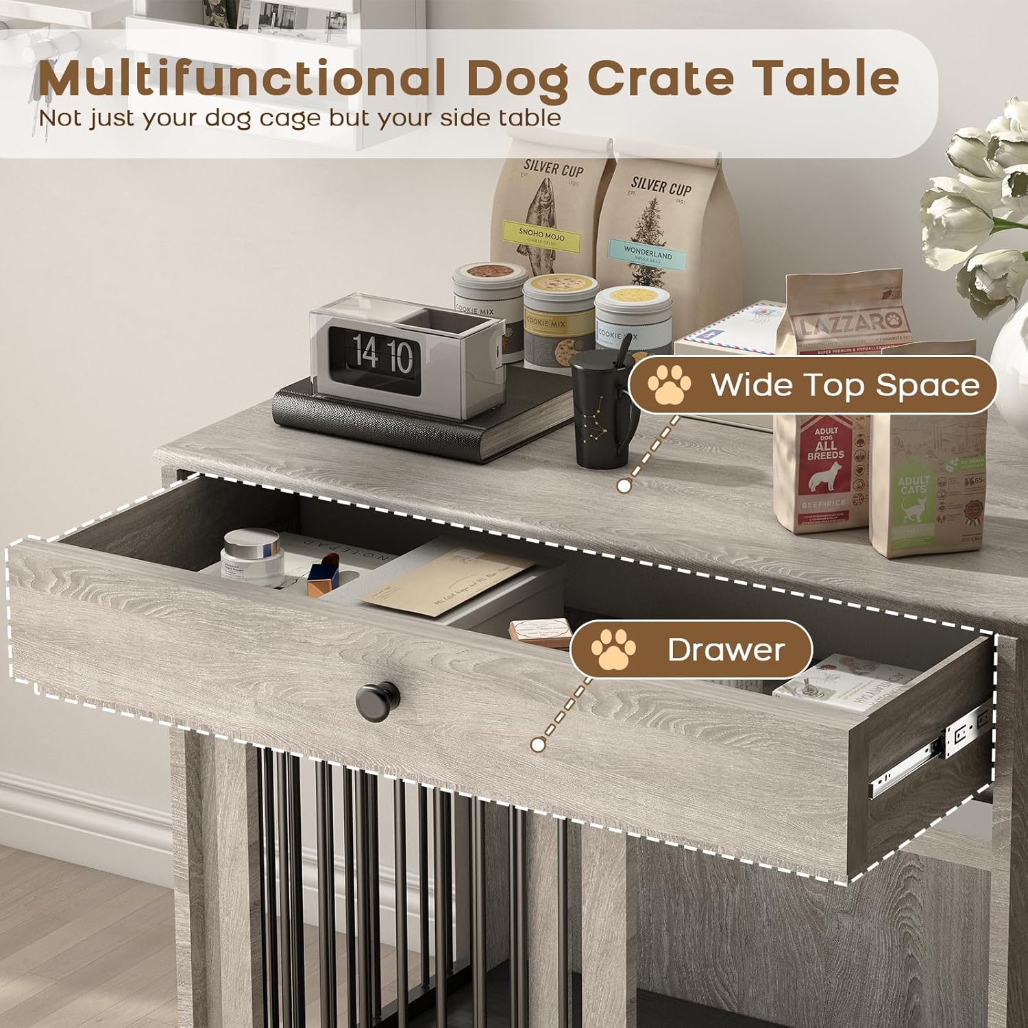 Furniture Style Wooden Dog Crate with Sliding Doors, Drawer & 360° Rotatable Bowls – Indoor Dog Kennel Side Table for Medium & Large Dogs