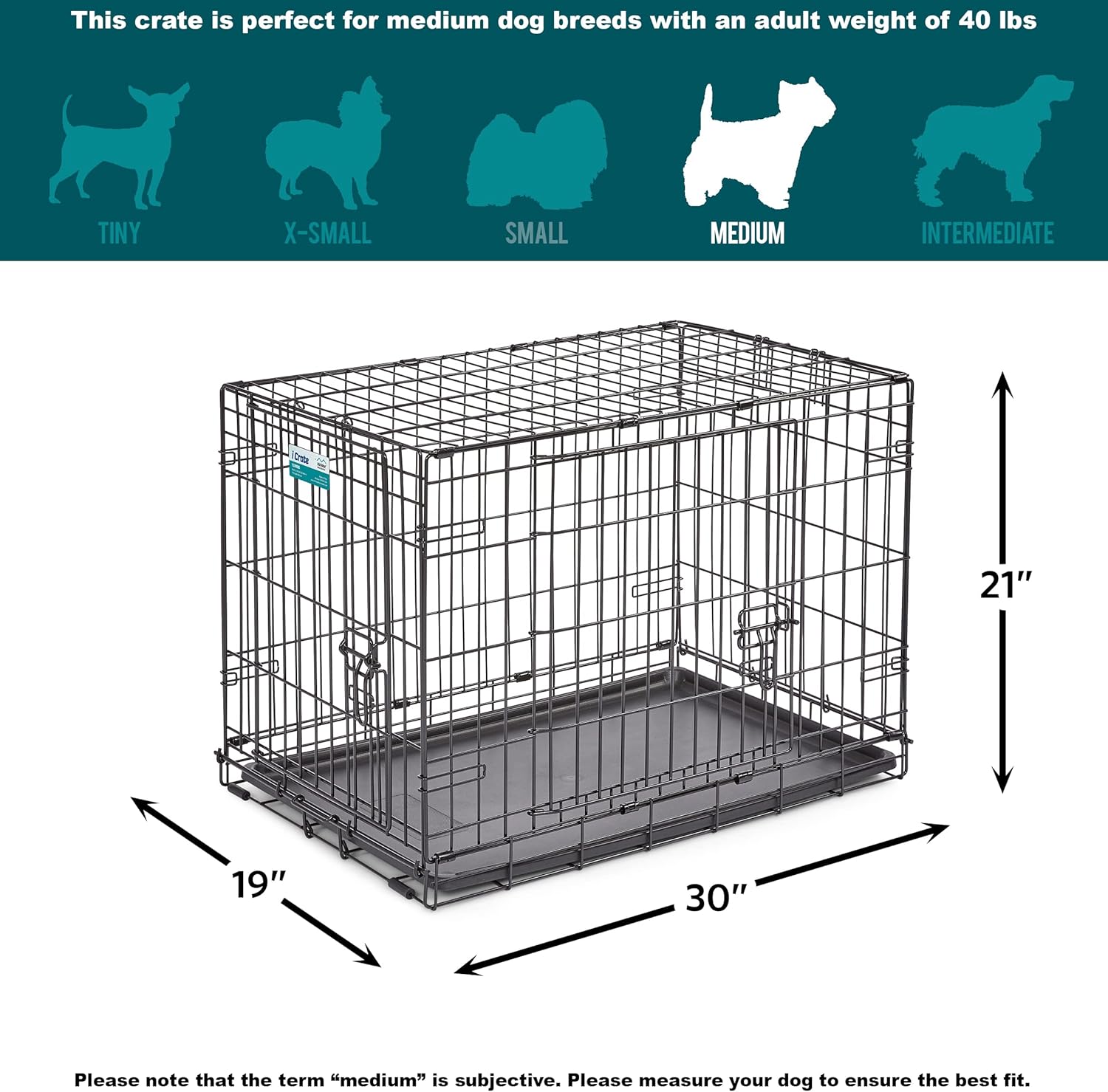 MidWest iCrate Two-Door Folding Dog Crate with Divider & Leak-Proof Tray – 76cm Metal Wire Kennel for Medium Dogs