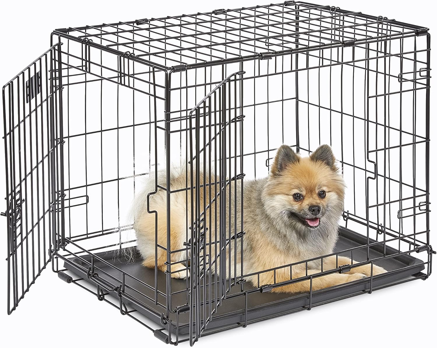 MidWest iCrate Two-Door Folding Dog Crate with Divider & Leak-Proof Tray – 76cm Metal Wire Kennel for Medium Dogs