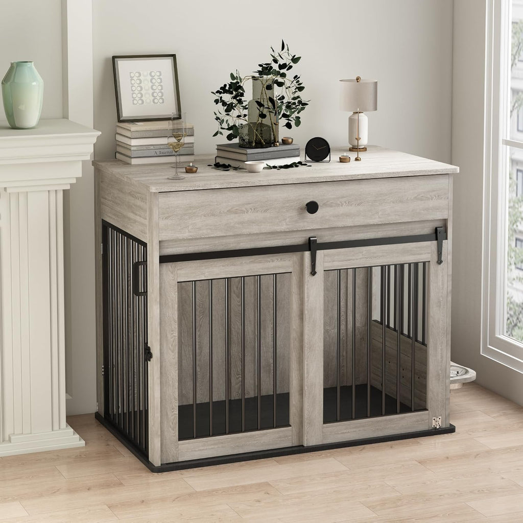 Furniture Style Wooden Dog Crate with Sliding Doors, Drawer & 360° Rotatable Bowls – Indoor Dog Kennel Side Table for Medium & Large Dogs