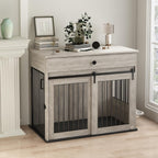 Furniture Style Wooden Dog Crate with Sliding Doors, Drawer & 360° Rotatable Bowls – Indoor Dog Kennel Side Table for Medium & Large Dogs