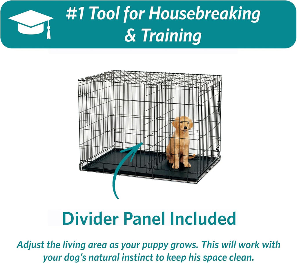 MidWest iCrate Two-Door Folding Dog Crate with Divider & Leak-Proof Tray – 76cm Metal Wire Kennel for Medium Dogs