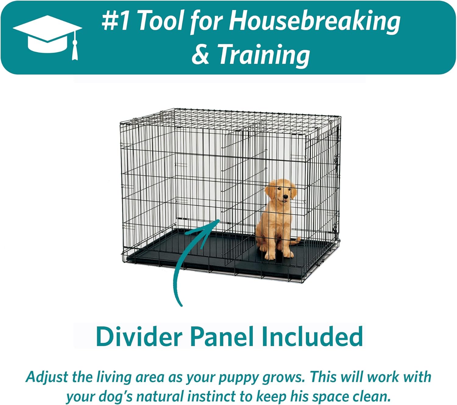 MidWest iCrate Two-Door Folding Dog Crate with Divider & Leak-Proof Tray – 76cm Metal Wire Kennel for Medium Dogs