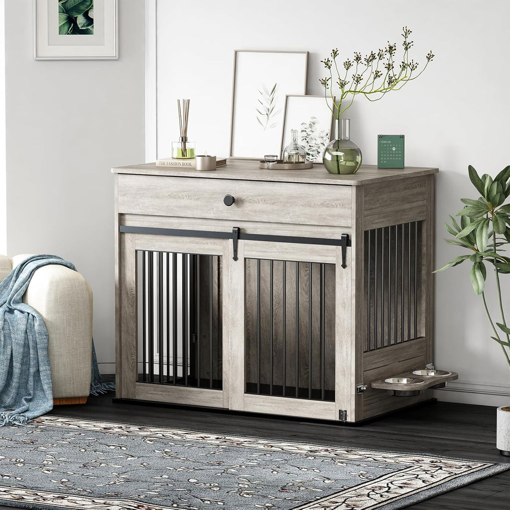 Furniture Style Wooden Dog Crate with Sliding Doors, Drawer & 360° Rotatable Bowls – Indoor Dog Kennel Side Table for Medium & Large Dogs
