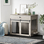 Furniture Style Wooden Dog Crate with Sliding Doors, Drawer & 360° Rotatable Bowls – Indoor Dog Kennel Side Table for Medium & Large Dogs