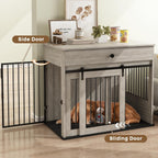 Furniture Style Wooden Dog Crate with Sliding Doors, Drawer & 360° Rotatable Bowls – Indoor Dog Kennel Side Table for Medium & Large Dogs