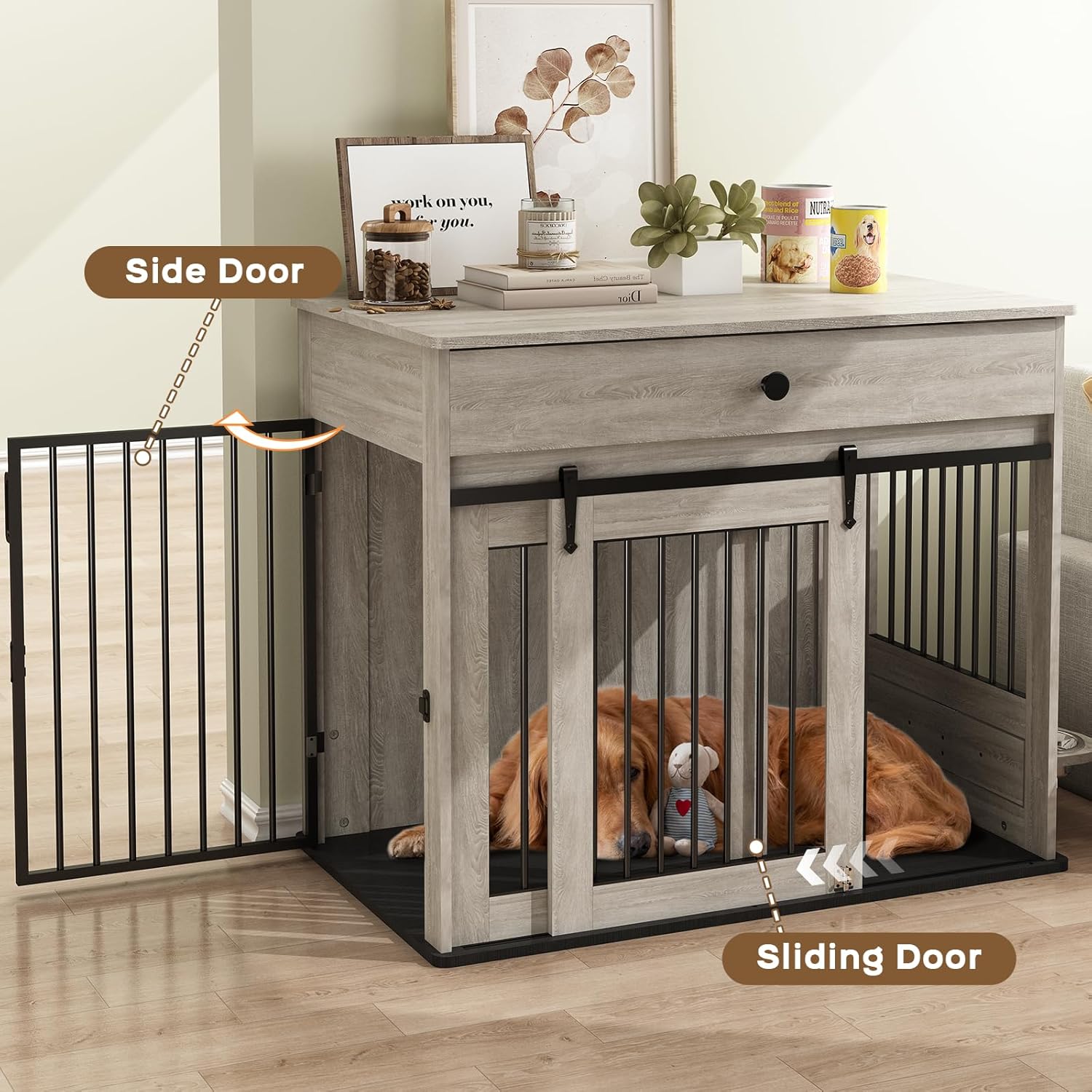 Furniture Style Wooden Dog Crate with Sliding Doors, Drawer & 360° Rotatable Bowls – Indoor Dog Kennel Side Table for Medium & Large Dogs
