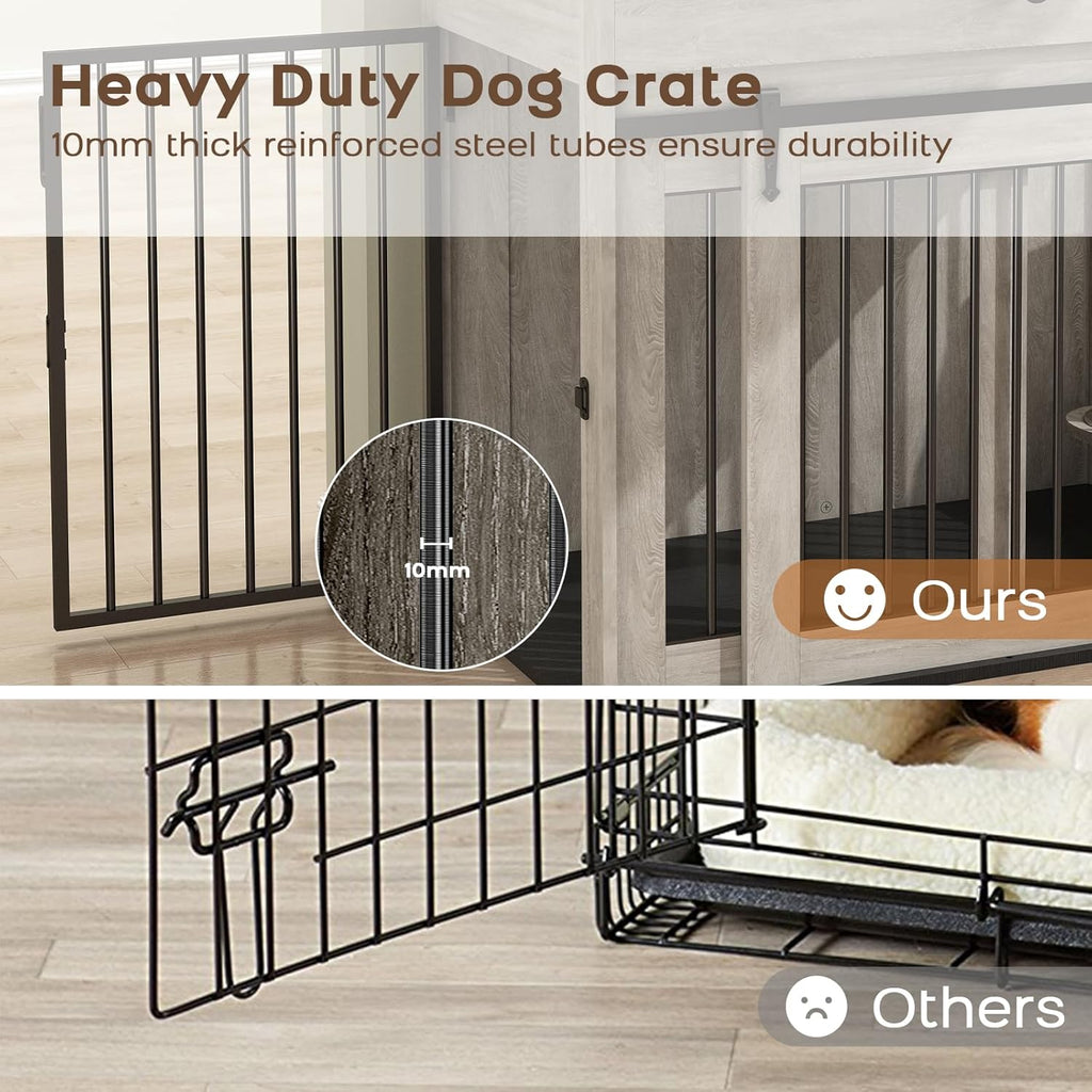 Furniture Style Wooden Dog Crate with Sliding Doors, Drawer & 360° Rotatable Bowls – Indoor Dog Kennel Side Table for Medium & Large Dogs