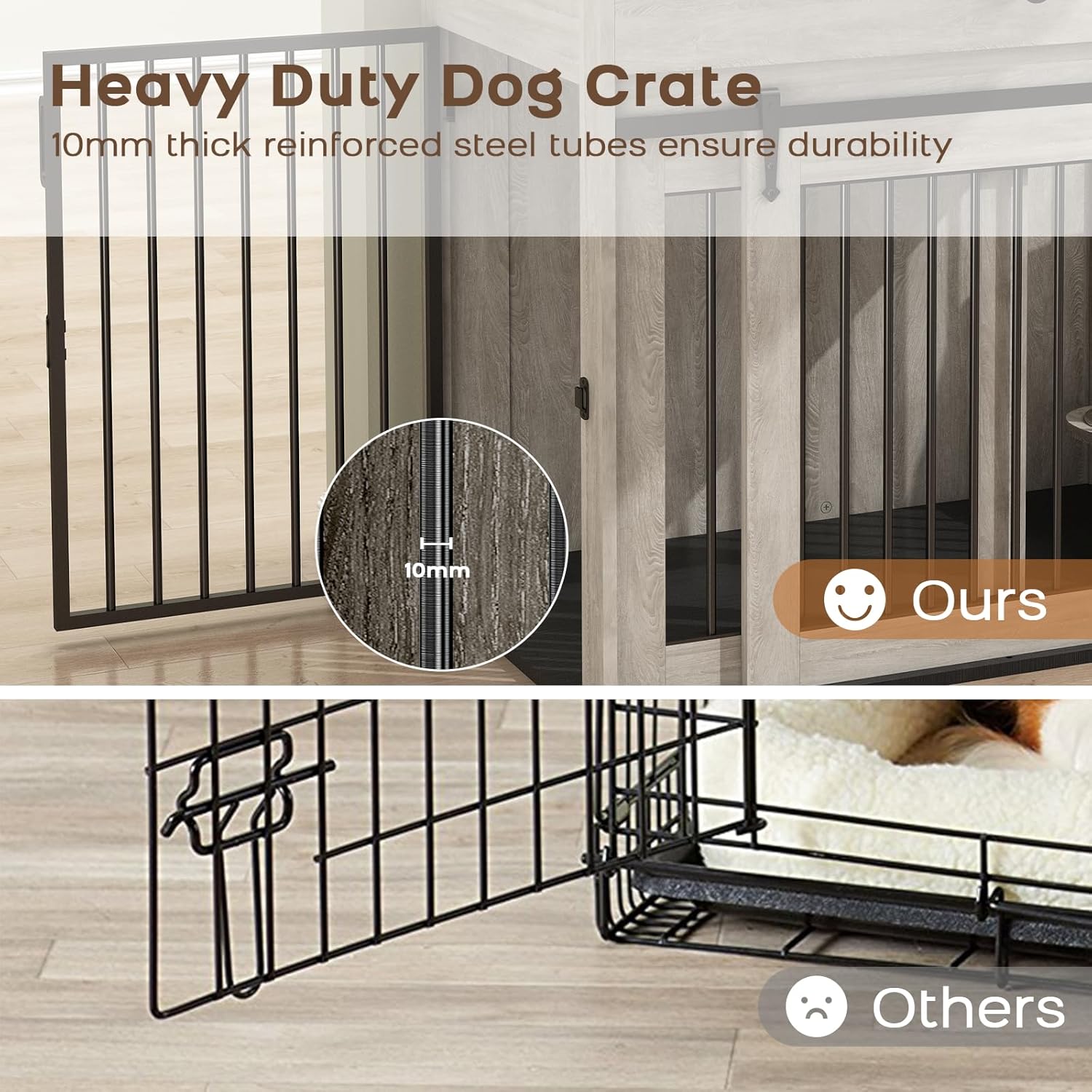 Furniture Style Wooden Dog Crate with Sliding Doors, Drawer & 360° Rotatable Bowls – Indoor Dog Kennel Side Table for Medium & Large Dogs