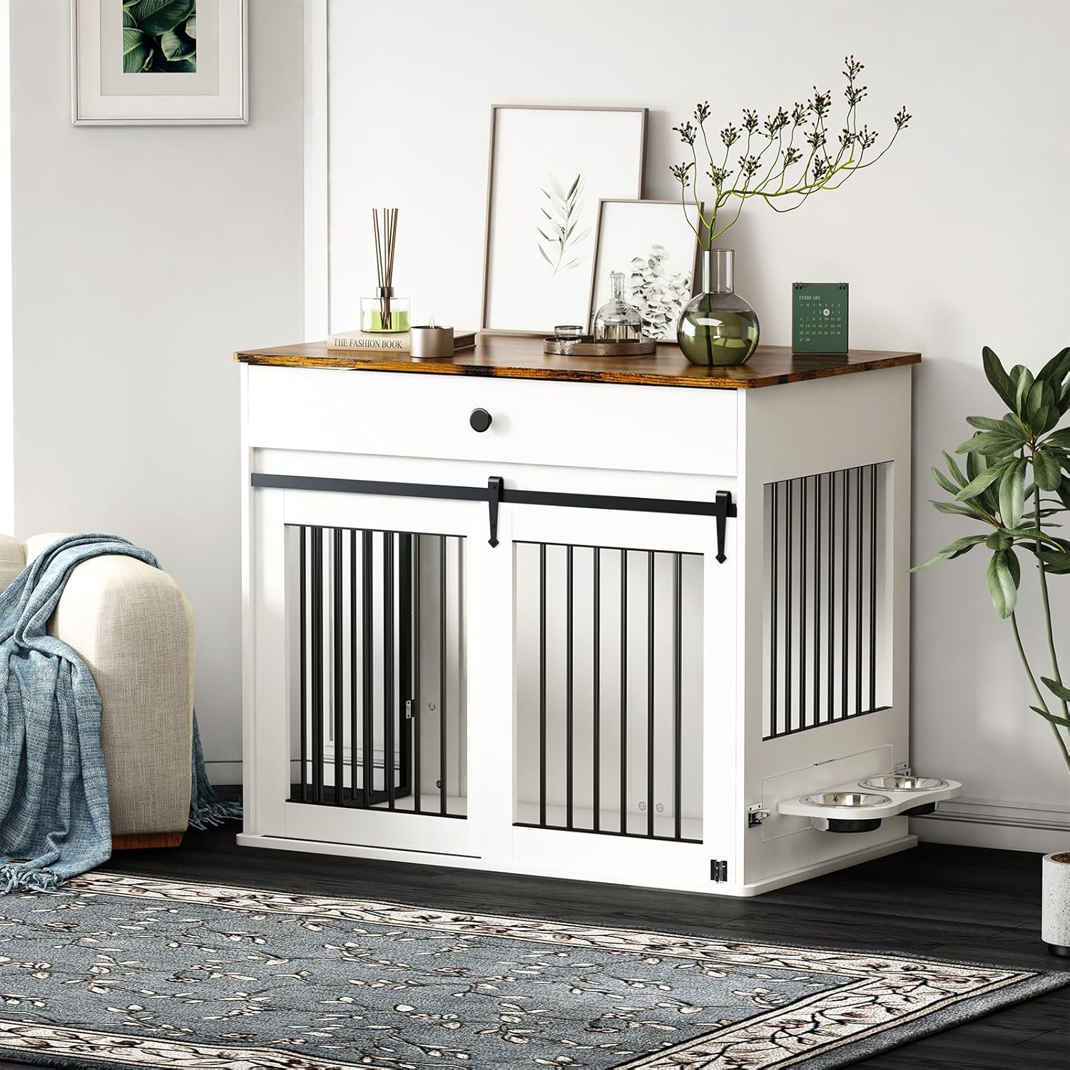 Furniture Style Wooden Dog Crate with Sliding Doors, Drawer & 360° Rotatable Bowls – Indoor Dog Kennel Side Table for Medium & Large Dogs