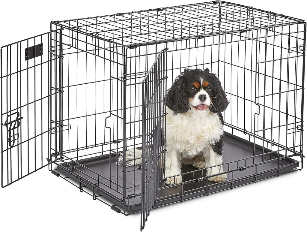 MidWest iCrate Two-Door Folding Dog Crate with Divider & Leak-Proof Tray – 76cm Metal Wire Kennel for Medium Dogs