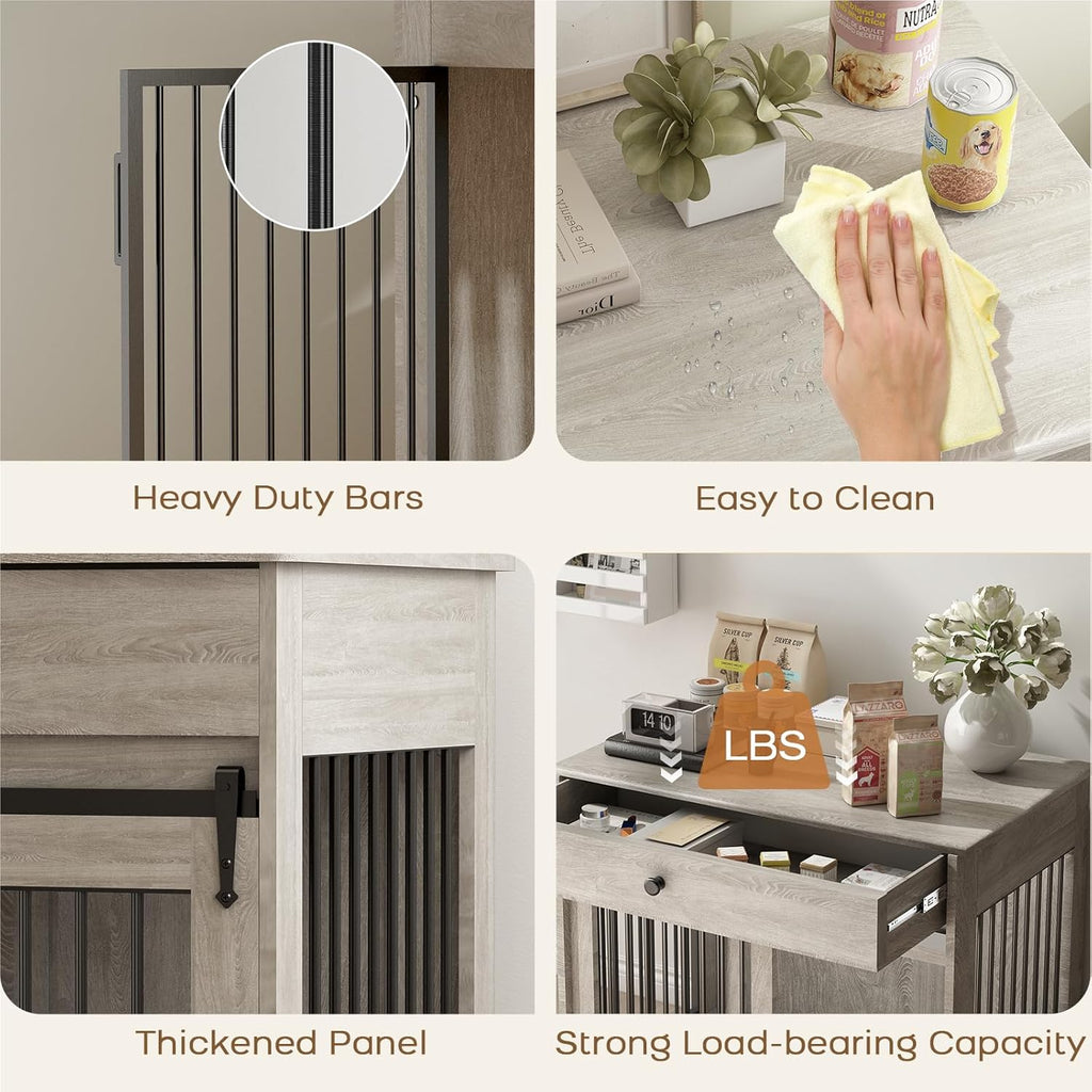 Furniture Style Wooden Dog Crate with Sliding Doors, Drawer & 360° Rotatable Bowls – Indoor Dog Kennel Side Table for Medium & Large Dogs