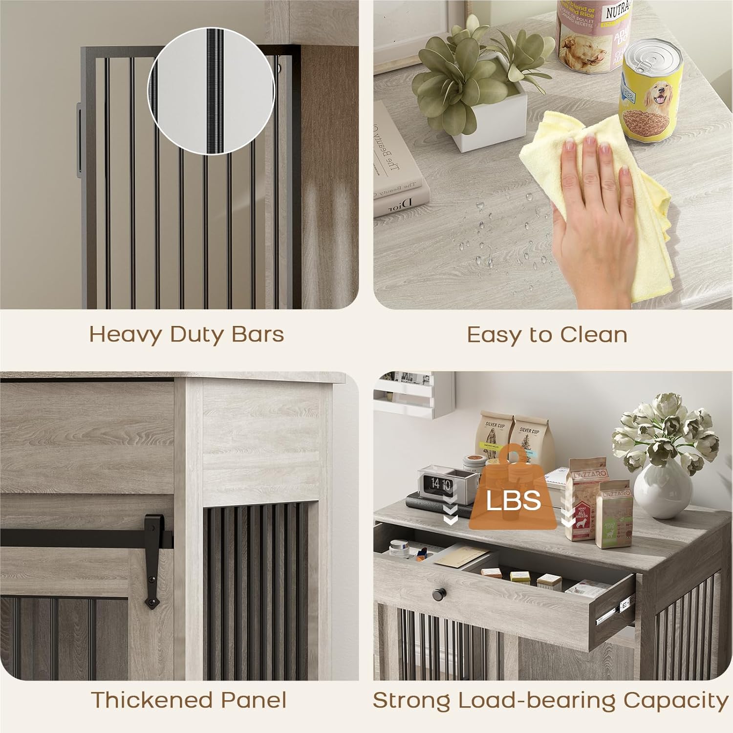 Furniture Style Wooden Dog Crate with Sliding Doors, Drawer & 360° Rotatable Bowls – Indoor Dog Kennel Side Table for Medium & Large Dogs