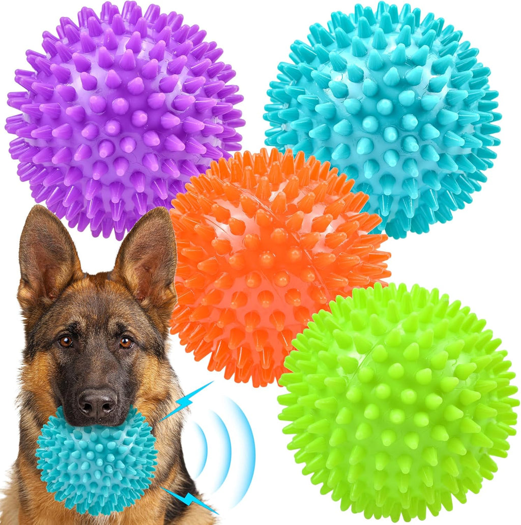 Spikey Squeaky Dog Toy Balls – 4 Pack Durable TPR Rubber Chew Balls for Medium & Large Dogs (12cm)