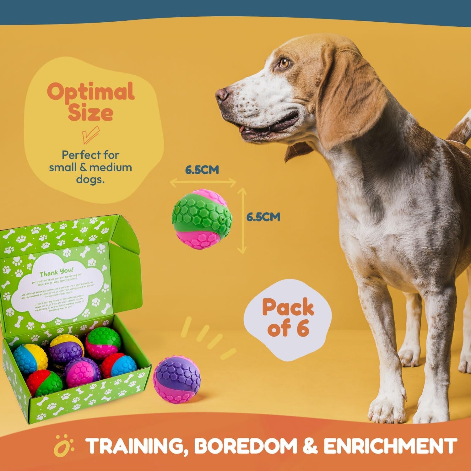 Pets & Play Squeaky Rubber Dog Balls – 6 Pack Durable TPR Chew Balls for Small & Medium Dogs