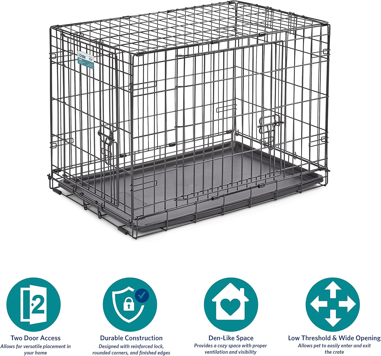 MidWest iCrate Two-Door Folding Dog Crate with Divider & Leak-Proof Tray – 76cm Metal Wire Kennel for Medium Dogs