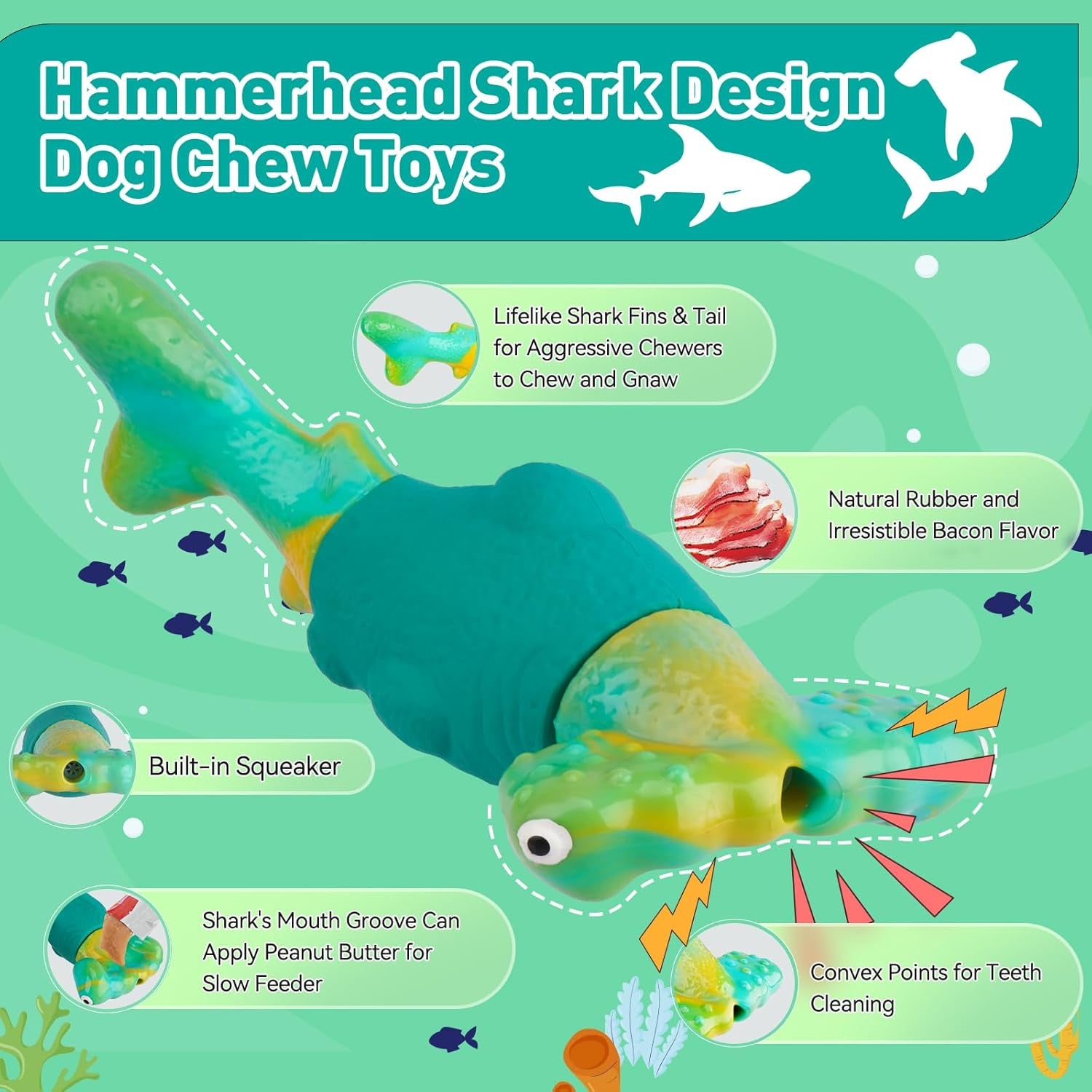 BIKIISEN Hammerhead Shark Squeaky Dog Toy – Tough Rubber & Nylon Chew Toy for Medium & Large Dogs