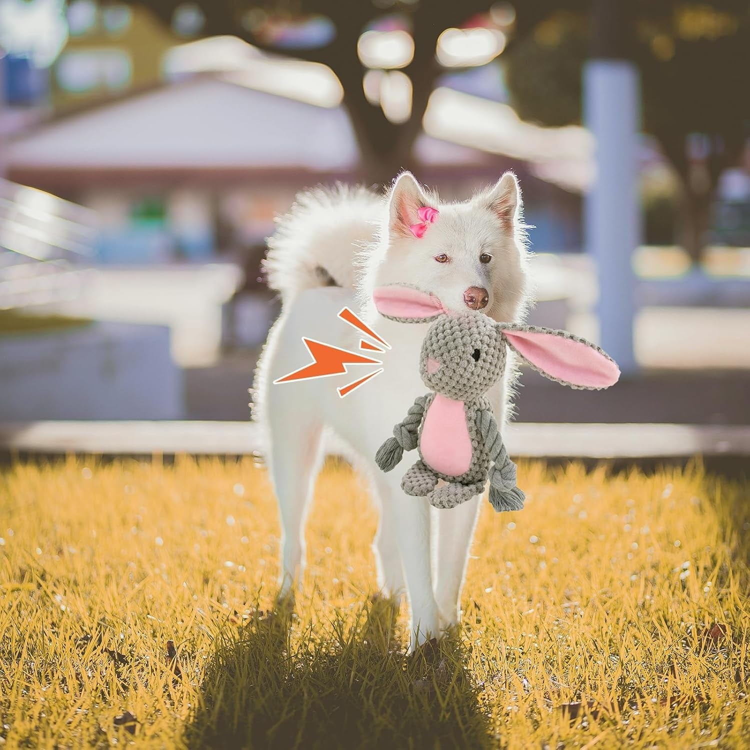 Easter Bunny Squeaky Plush Dog Toy – Soft Chew Toy with Rope Legs for Small, Medium & Large Dogs
