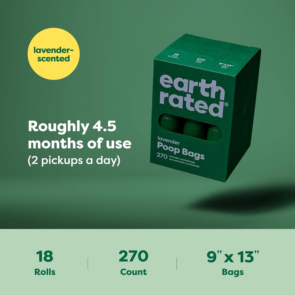Earth Rated Dog Poo Bags – 270 Lavender Scented, Extra Thick Leak-Proof Refill Rolls