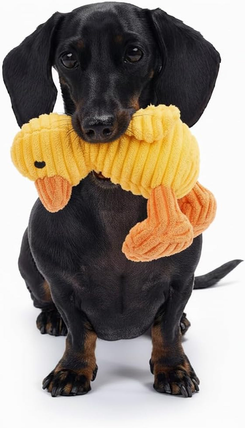 Yellow Duck Corduroy Squeaky Dog Toy – Soft Ribbed Plush Chew Toy for Small & Medium Dogs